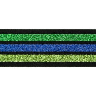taille-elastiek 4 cm breed:strepen lurex groen en blauw op zwart/ HALVE METER