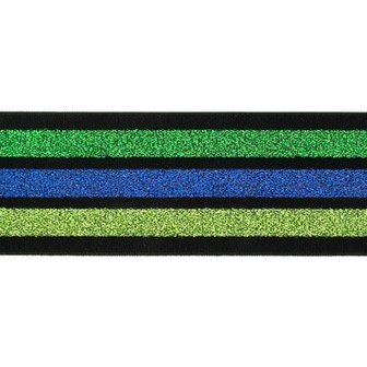 taille-elastiek 4 cm breed:strepen lurex groen en blauw op zwart/ HALVE METER