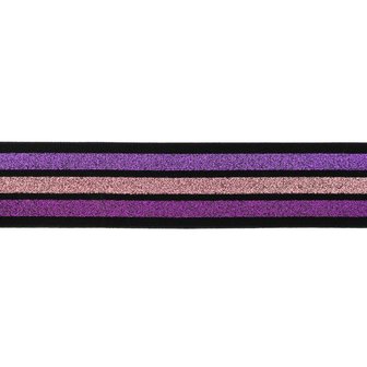 taille-elastiek 4 cm breed:strepen lurex paars en roze op zwart/ HALVE METER