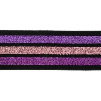 taille-elastiek 4 cm breed:strepen lurex paars en roze op zwart/ HALVE METER