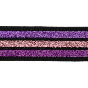 taille-elastiek 4 cm breed:strepen lurex paars en roze op zwart/ HALVE METER