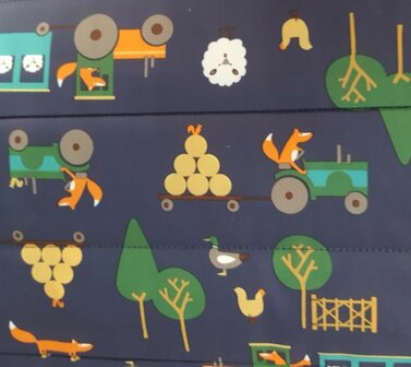 coupon 140 cm: Doorgestikte jassenstof boerderij Vos op donkerblauw