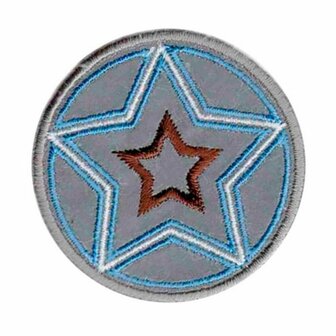 opstrijkbare applicatie:reflecterende button met turquoise geborduurde ster