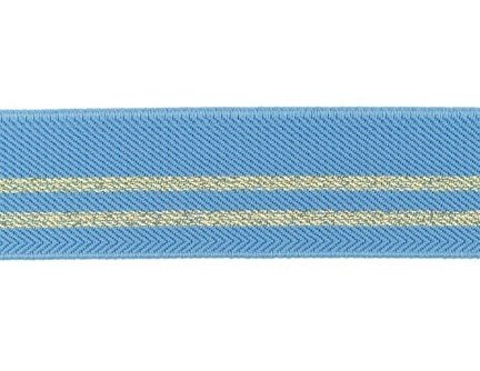 taille-elastiek 3 cm breed: hemelsblauw met twee gouden lurex strepen / HALVE METER