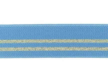 taille-elastiek 3 cm breed: hemelsblauw met twee gouden lurex strepen / HALVE METER