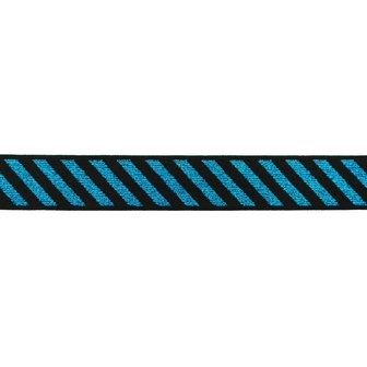 elastiek 2,5 cm breed: schuine streep lurex turquoise op zwart / HALVE METER