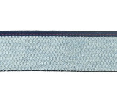 taille-elastiek 4 cm breed: lichte jeanskleur met streep aan &eacute;&eacute;n kant/HALVE METER