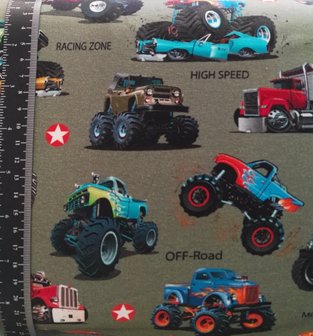 Monstertrucks op legergroene tricot