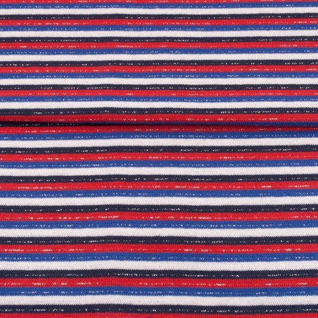 fijne boordstof gestreept met glitter: rood,zwart, wit, blauw 