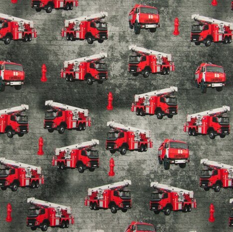 Rode brandweerauto's op grijs/ digitaal bedrukte tricot