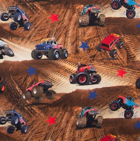 Monstertrucks in het zand / digitaal bedrukte tricot