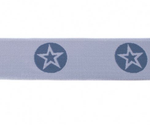 taille-elastiek 4 cm breed: ster in een rondje: jeanskleur in lichtblauw / HALVE METER
