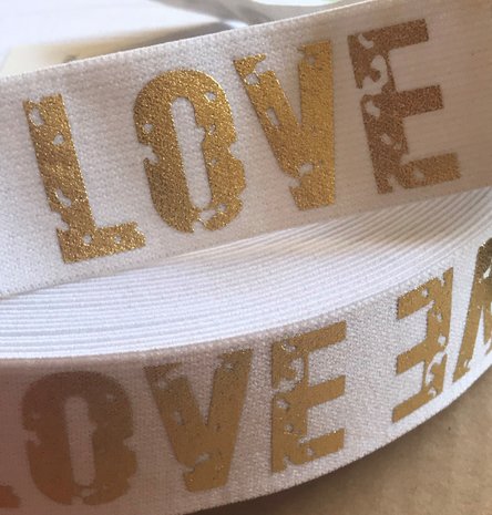 taille-elastiek 4 cm breed: goudkleurige love letters op wit / HALVE METER