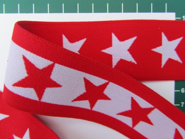 taille-elastiek 4 cm breed: sterren wit met rood/HALVE METER