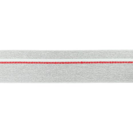 taille-elastiek 4 cm breed: gemêleerd lichtgrijs met witte lijn en rode stippelstreep aan één kant/HALVE METER