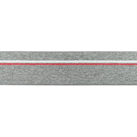 taille-elastiek 4 cm breed: gemêleerd grijs met witte lijn en rode stippelstreep aan één kant/HALVE METER