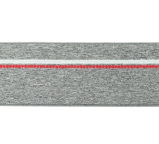 taille-elastiek 4 cm breed: gemêleerd grijs met witte lijn en rode stippelstreep aan één kant/HALVE METER
