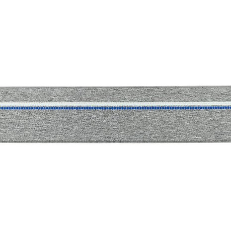 taille-elastiek 4 cm breed: gemêleerd grijs met witte lijn en blauwe stippelstreep aan één kant/HALVE METER