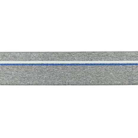 taille-elastiek 4 cm breed: gemêleerd grijs met witte lijn en blauwe stippelstreep aan één kant/HALVE METER