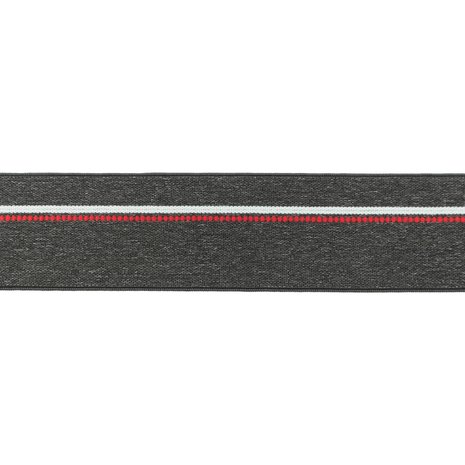 taille-elastiek 4 cm breed: gemêleerd donkergrijs met witte lijn en rode stippelstreep aan één kant/HALVE METER