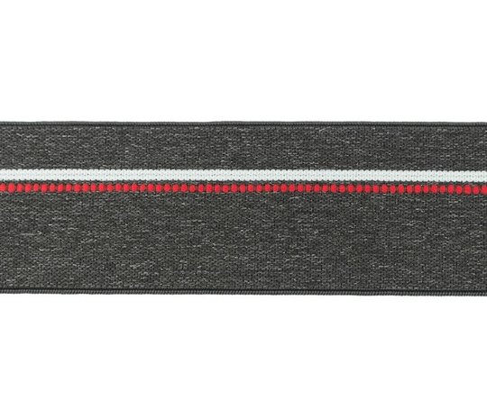 taille-elastiek 4 cm breed: gemêleerd donkergrijs met witte lijn en rode stippelstreep aan één kant/HALVE METER