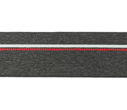 taille-elastiek 4 cm breed: gemêleerd donkergrijs met witte lijn en rode stippelstreep aan één kant/HALVE METER