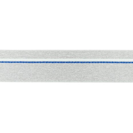 taille-elastiek 4 cm breed: gemêleerd lichtgrijs met witte lijn en blauwe stippelstreep aan één kant/HALVE METER
