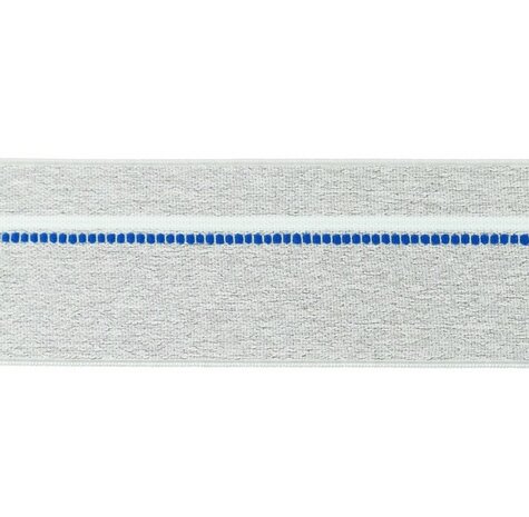 taille-elastiek 4 cm breed: gemêleerd lichtgrijs met witte lijn en blauwe stippelstreep aan één kant/HALVE METER