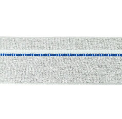taille-elastiek 4 cm breed: gemêleerd lichtgrijs met witte lijn en blauwe stippelstreep aan één kant/HALVE METER