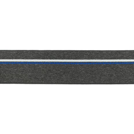 taille-elastiek 4 cm breed: gemêleerd donkergrijs met witte lijn en blauwe stippelstreep aan één kant/HALVE METER