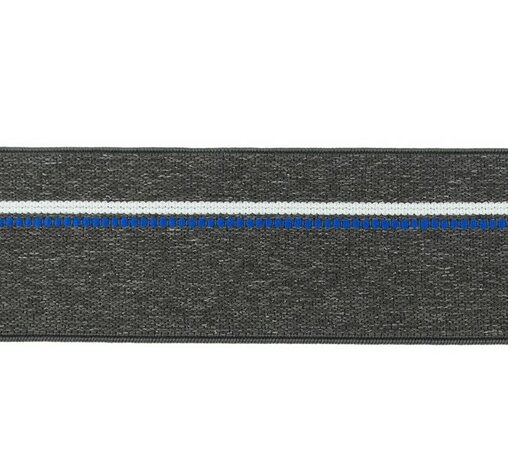 taille-elastiek 4 cm breed: gemêleerd donkergrijs met witte lijn en blauwe stippelstreep aan één kant/HALVE METER