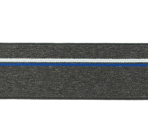taille-elastiek 4 cm breed: gemêleerd donkergrijs met witte lijn en blauwe stippelstreep aan één kant/HALVE METER