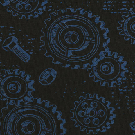 Happy Metal: tricot met schroeven, moeren en tandwielen op donkerblauw