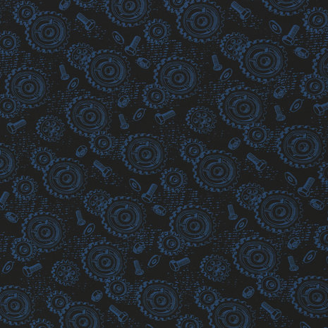 Happy Metal: tricot met schroeven, moeren en tandwielen op donkerblauw