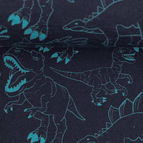 Jesse, donkerblauwe tricot met turquoise dino's 