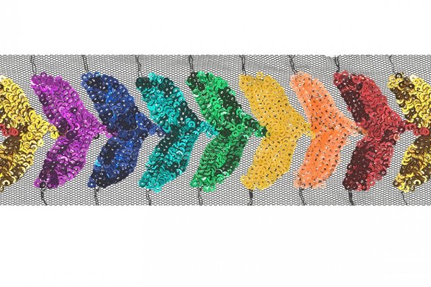 glitterband 6,5 cm breed: pailletjes op soepel gaas gestikt in de vorm van blaadjes