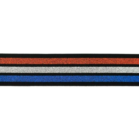 taille-elastiek 4 cm breed:strepen lurex rood wit blauw op zwart/ HALVE METER