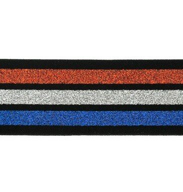 taille-elastiek 4 cm breed:strepen lurex rood wit blauw op zwart/ HALVE METER