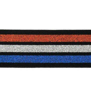 taille-elastiek 4 cm breed:strepen lurex rood wit blauw op zwart/ HALVE METER