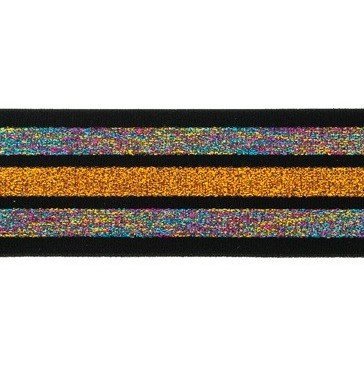 taille-elastiek 4 cm breed:strepen lurex regenboogkleuren en oranje/goud op zwart/ HALVE METER
