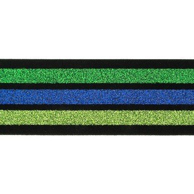 taille-elastiek 4 cm breed:strepen lurex groen en blauw op zwart/ HALVE METER
