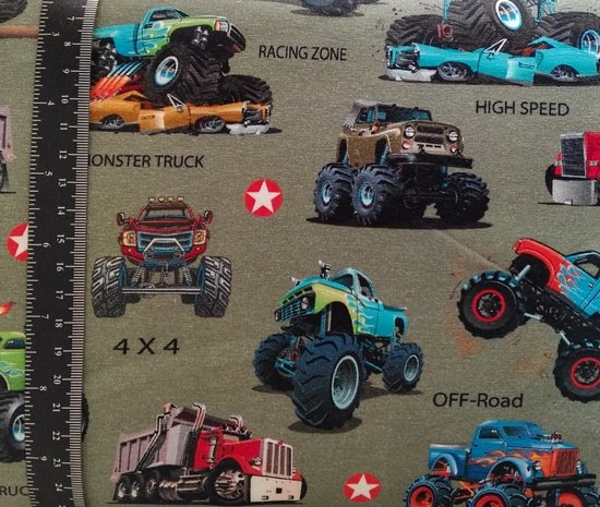 Monstertrucks op legergroene tricot