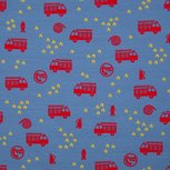 Steinbeck tricot: rode bandweerauto's op jeansblauw Steinbeck tricot: rode bandweerauto's op jeansblauw