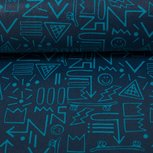 Dunne geplastificeerde katoen donkerblauw met skateboards enz in turquoise Dunne geplastificeerde katoen donkerblauw met skateboards enz in turquoise