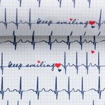 Toni: witte katoen met de tekst: keep smiling tussen cardiogram. Toni: witte katoen met de tekst: keep smiling tussen cardiogram.