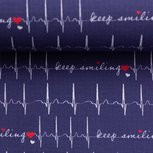 Toni: donkerblauwe katoen met de tekst: keep smiling tussen cardiogrammen. Toni: donkerblauwe katoen met de tekst: keep smiling tussen cardiogrammen.