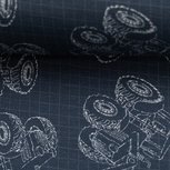 Traktor Power: tricot jeansblauw met trekkers en een heel fijn onopvallend ruitje in wit Traktor Power: tricot jeansblauw met trekkers en een heel fijn onopvallend ruitje in wit