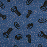 Happy Metal: tricot met bouten, moeren en ringen op blauw Happy Metal: tricot met bouten, moeren en ringen op blauw