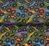 Stenzo: monstertrucks op legergroene tricot Stenzo: monstertrucks op legergroene tricot