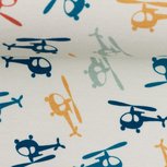 Klaas: helikopters in rood, oker, petrol, donkerblauw en lichtblauw-grijs op wolwitte tricot Klaas: helikopters in rood, oker, petrol, donkerblauw en lichtblauw-grijs op wolwitte tricot